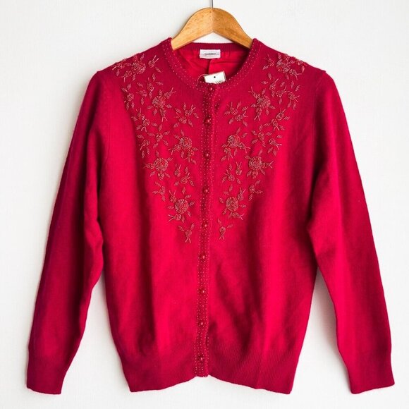 Vintage Wool Angora Hand beaded Raspberry Pink Cardigan NWT M - Picture 1 of 7